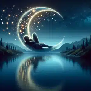 Pessoa preocupada sob a lua crescente em uma paisagem noturna tranquila, simbolizando sono restaurador e detox natural