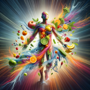 Silhueta humana energizada com um turbilhão de frutas e vegetais representando vitalidade e detox natural.