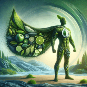Super-herói da desintoxicação adornado com folhas verdes e frutas, emblematizando a saúde e a purificação
