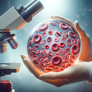 Microscópio exibindo uma esfera de células sanguíneas vibrantes, destacando a detecção avançada de saúde celular