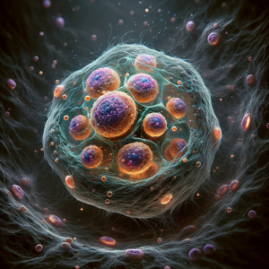 Representação microscópica de células em processo de regeneração, destacando a beleza intrincada da divisão celular e saúde interna