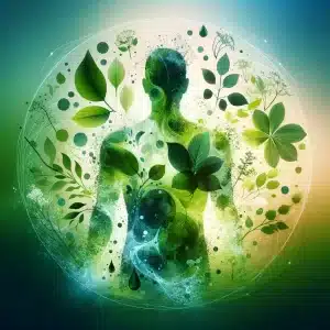 Silhueta humana abstrata com folhagem verde, simbolizando a limpeza interna e vitalidade