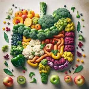 Arranjo artístico de frutas e vegetais formando o sistema digestivo humano