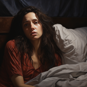 Mulher deitada na cama com expressão de dor, ilustrando o desconforto causado pela Disfunção Temporomandibular.